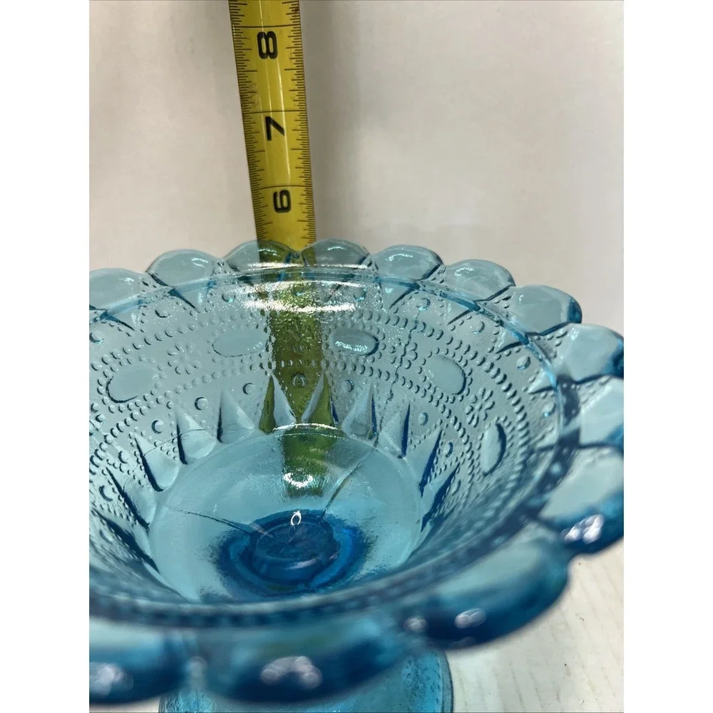 Blue Pressed Glass Vintage Pedestal Compote Bowl Decorative Scalloped Edge